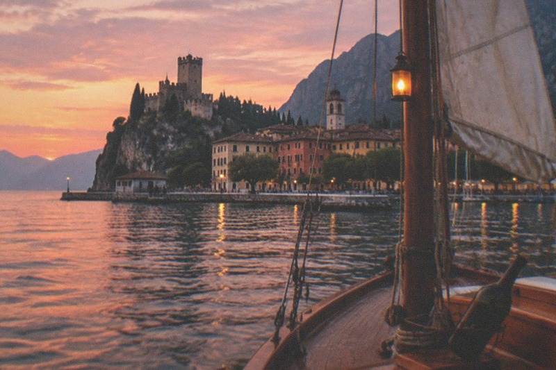 From a wooden sailboat bow, a Lake Garda lakeside village and hilltop castle sit under a pink sunset sky with mountains beyond.