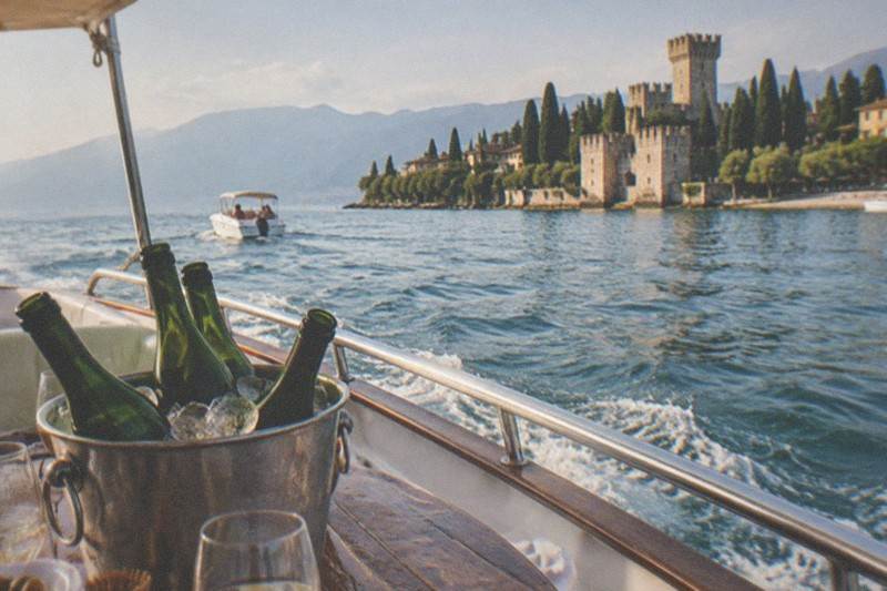 Wine glasses and green bottles in an ice bucket sit on a wooden boat deck by a metal rail, with a Lake Garda lakeside castle, cypresses and a small boat beyond.