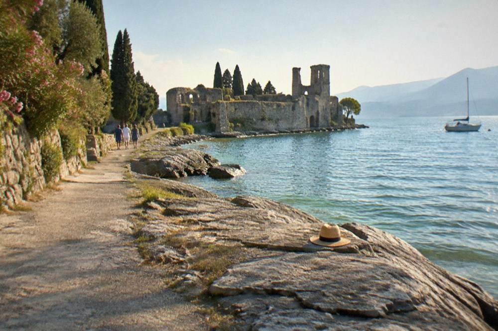 A paved lakeside path on the Sirmione peninsula leading toward stone ruins