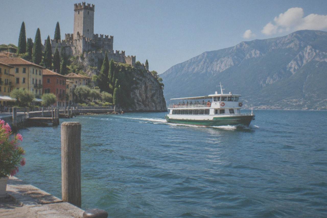 A passenger ferry crossing calm water toward a lakeside town with mountains behind