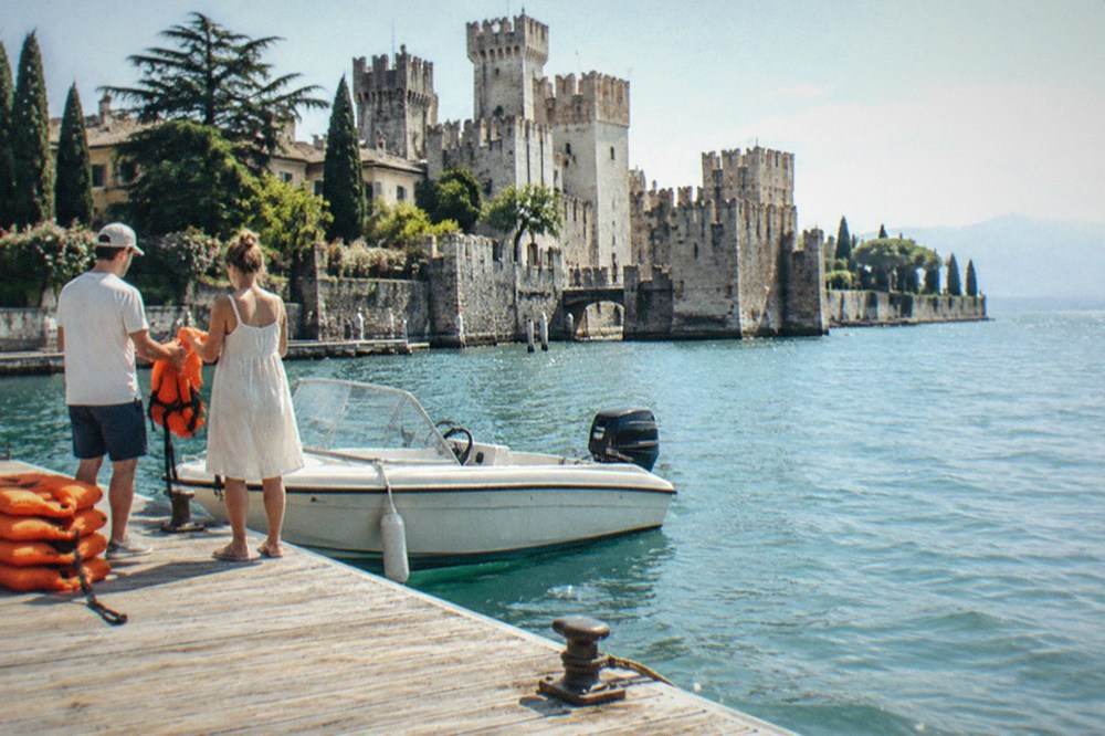 A rental boat handover briefing at a Sirmione jetty with lifejackets stacked on the dock
