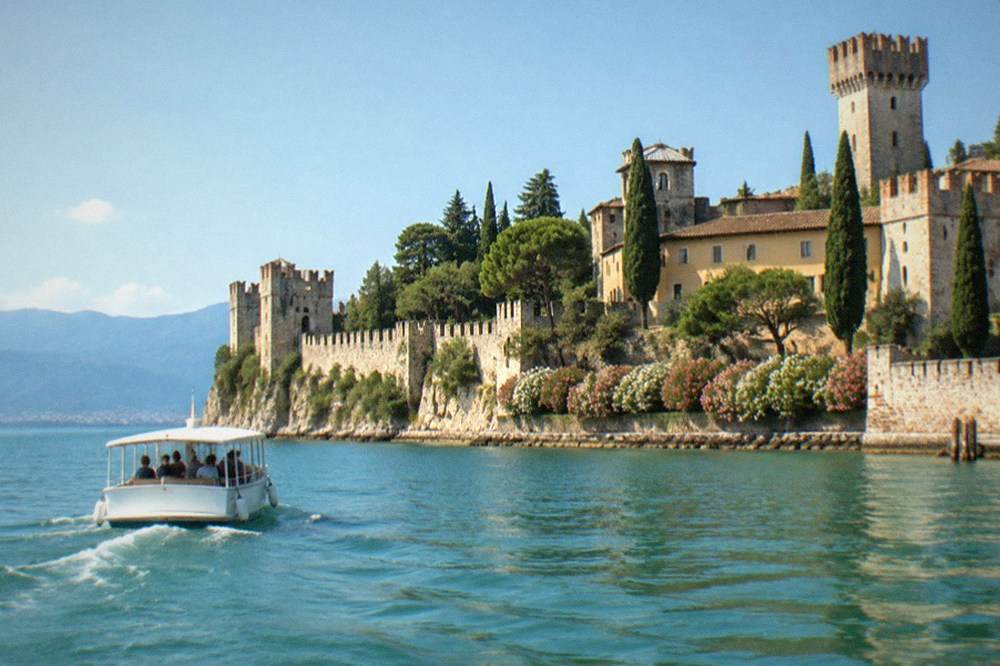 A small passenger boat crossing clear water toward the walls of the Sirmione peninsula