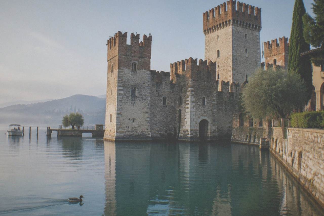 The fortified castle of Sirmione rising above the calm water at the entrance to the old town on Lake Garda