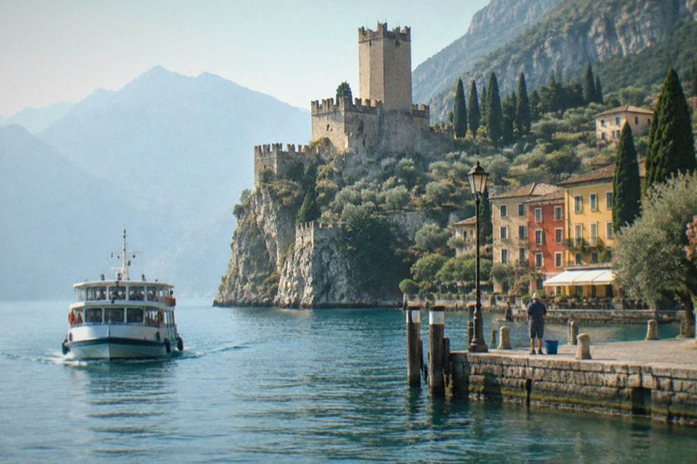 A small ferry approaching a stone landing stage in a lakeside village