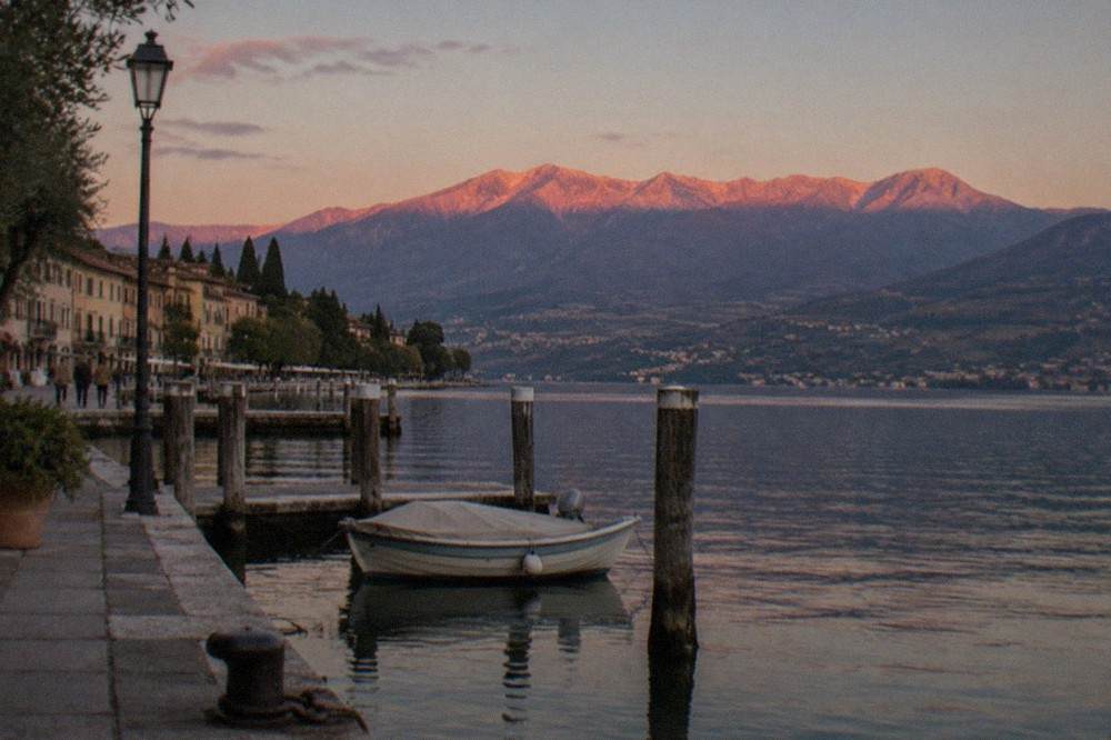 Golden evening light on the mountains along the western shore of Lake Garda
