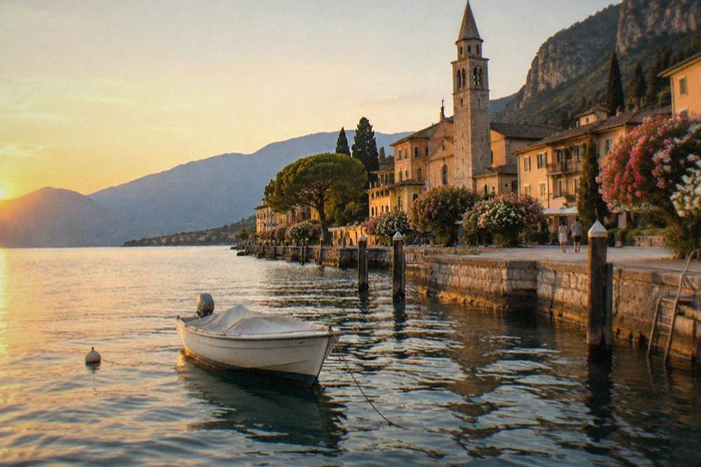 A small boat at anchor under warm evening light near a lakeside village