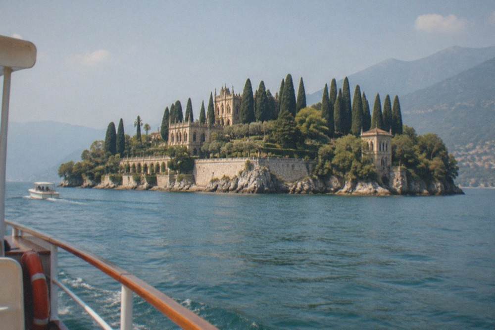 A small island with a terraced villa and cypress trees seen across open lake water