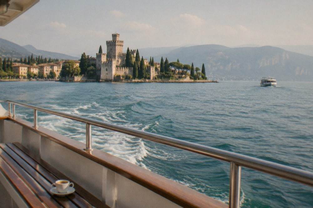 From a boat deck with a coffee cup on a wooden bench, a stone castle with towers and cypress trees sits on the lakeshore, another boat in the distance, on Lake Garda.