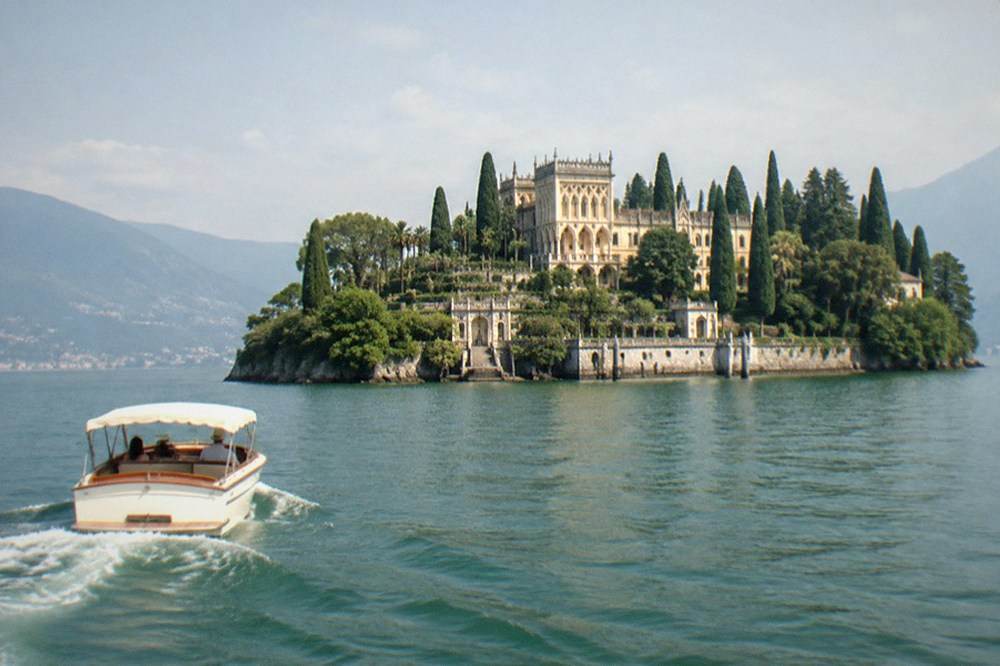 A private boat approaching Isola del Garda with the villa and gardens rising above the water
