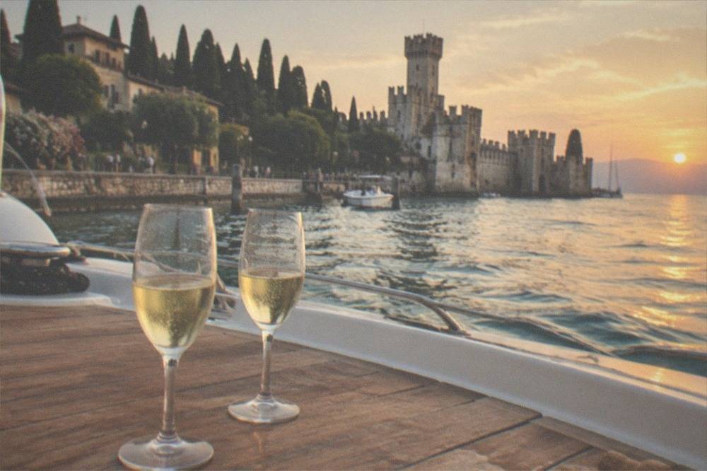 Two glasses of prosecco on a boat deck with the Sirmione shoreline behind