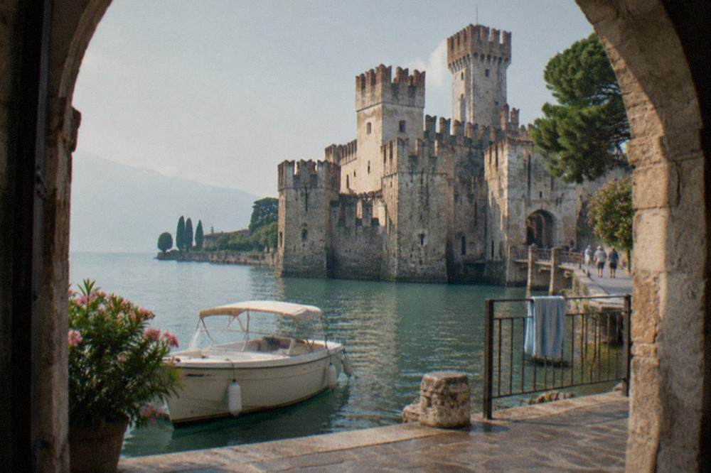 A small charter boat moored at a stone pier on the Sirmione peninsula with the castle in the background