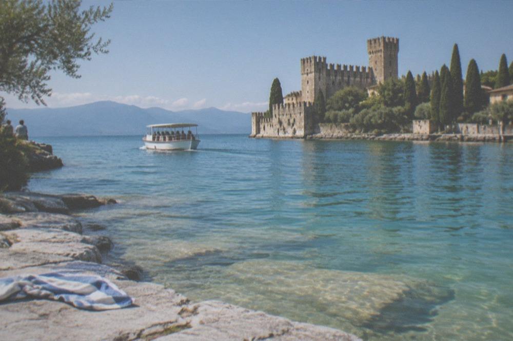 A covered boat on clear Lake Garda water beside a stone castle with towers and cypress trees, rocky shore, and a towel in the foreground.