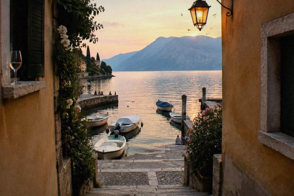 Narrow historic lane in a lakeside village opening toward moored boats and calm water